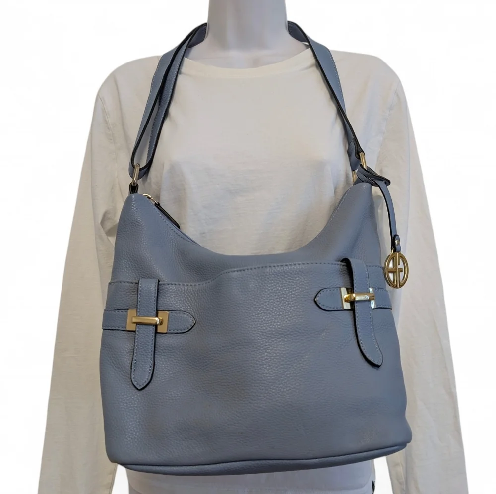 GIANI BERNINI Bridle Leather Bag Light Blue Medium Hobo Crossbody Shoulder